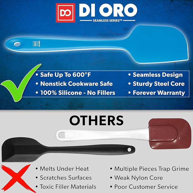 DI ORO Silicone Spatula Set - 600F Heat Resistant, 3-Pc Blue | Rubber scraper won't scratch nonstick pans; For baking, cooking, mixing, and frosting; BPA-free and dishwasher safe