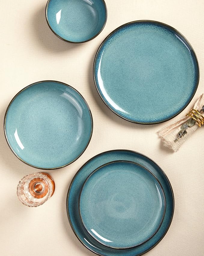 Extra Large Dinnerware Set for 12, 36 Pieces Ceramic Plates and Bowls Set, Kitchen Dish Set, Microwave & Dishwasher Safe Dishware, Ocean-Inspired Stoneware for Big Gatherings, Green Black