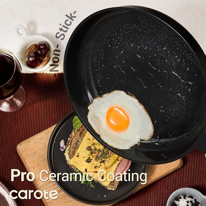 CAROTE Ceramic Cookware Sets, Pots and Pans Set, 16pcs | Non-Toxic Induction Cooking Set with Silicone Lids, Dishwasher Safe, Space Saving, Stay-Cool Handle, PFAS FREE