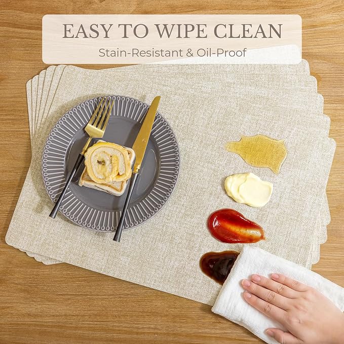 Romanstile Vinyl Placemats Set of 12-12 X 17 Inch - Faux Leather 100% Waterproof Wipeable Anti Slip Place Mats, Heat Resistant Reversible PU Table Mats for Kitchen Dining Party Outdoor, Beige
