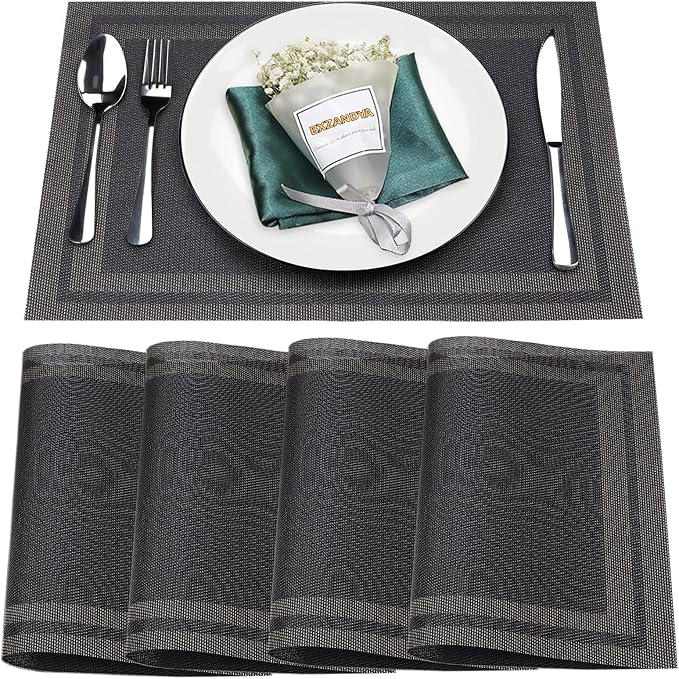 Black Vinyl Placemats Set of 4,Washable Dining PVC Table Mats | Heat resistant, stain resistant non slip vinyl place mats, washable black gold table placemats for dining table(Black gold)