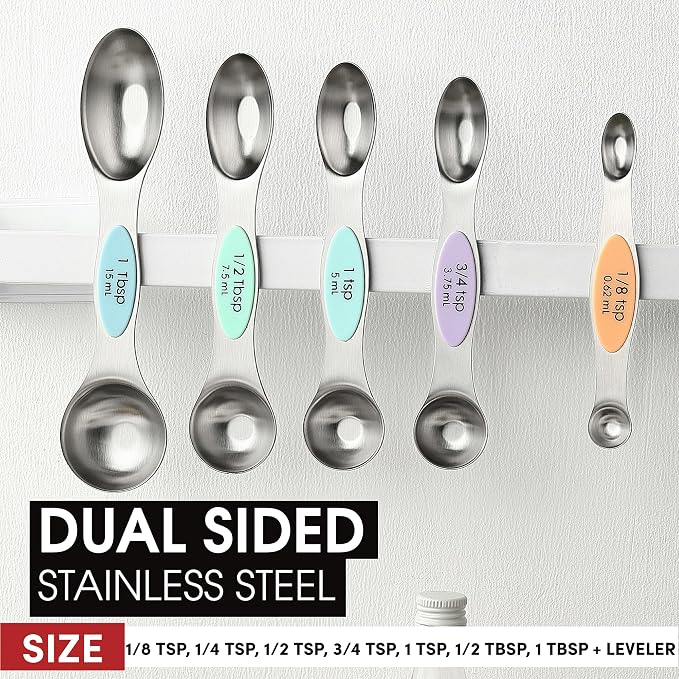 Spring Chef Stainless Steel Magnetic Measuring Spoons Set of 8, Pastel | Dual Sided Metal Teaspoon & Tablespoon Measuring Spoons with Leveler for Dry & Liquid Ingredients, Fits in Kitchen Spice Jars