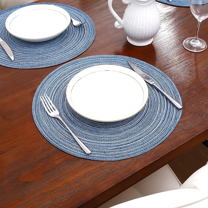SHACOS Round Braided Placemats Set of 8 Circle Place Mats Cotton Polyester Kitchen Table Mats for Dining Table Wedding Party Decor (Blue Gray, 8)
