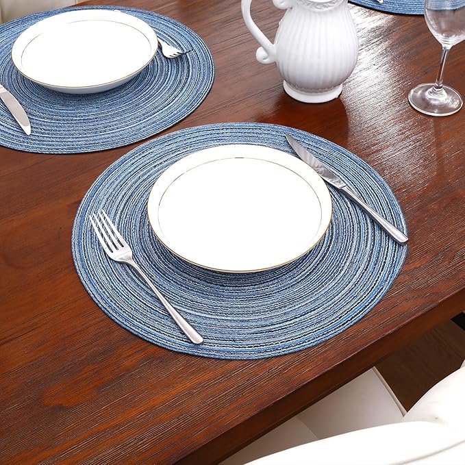 SHACOS Round Braided Placemats Set of 12 Circle Place Mats Cotton Polyester Kitchen Table Mats for Dining Table Wedding Party Decor (Blue Gray, 12)