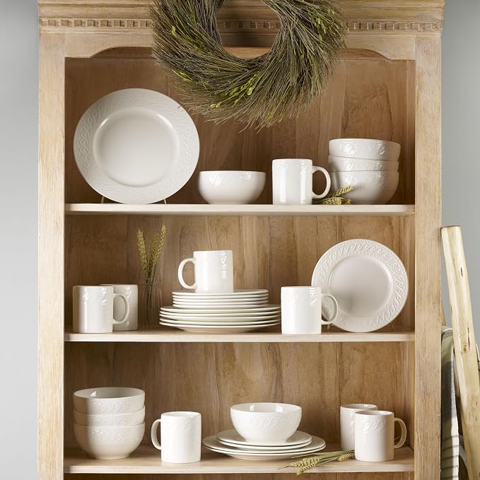Pfaltzgraff Sylvia Dinnerware Set 32-Piece Service for 8 - White Porcelain Dinner Plates, Salad Plates, Soup Bowls and Mugs with Embossed Scrollwork