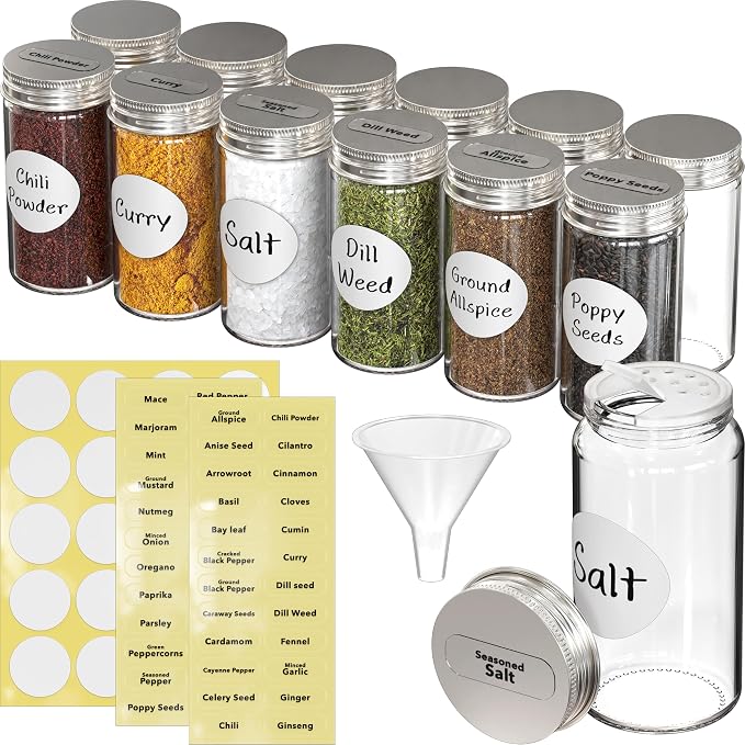 Simple Houseware Spice Jars 3-oz Round Glass Bottles, 12 Pack | 3 Ounce, with Shaker Lids, Funnel and Labels for Seasoning & Storage