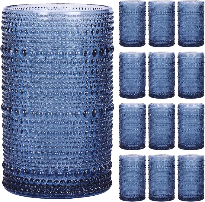 Moretoes12 Pack 12 Oz Blue Hobnail Drinking Glasses Set,Water Glass Cups | Highball Glasses Embossed Boho Kitchen Bar Tumbler Glassware Set for Whiskey, Beer, Juice, Milk and Various Mixed Drinks