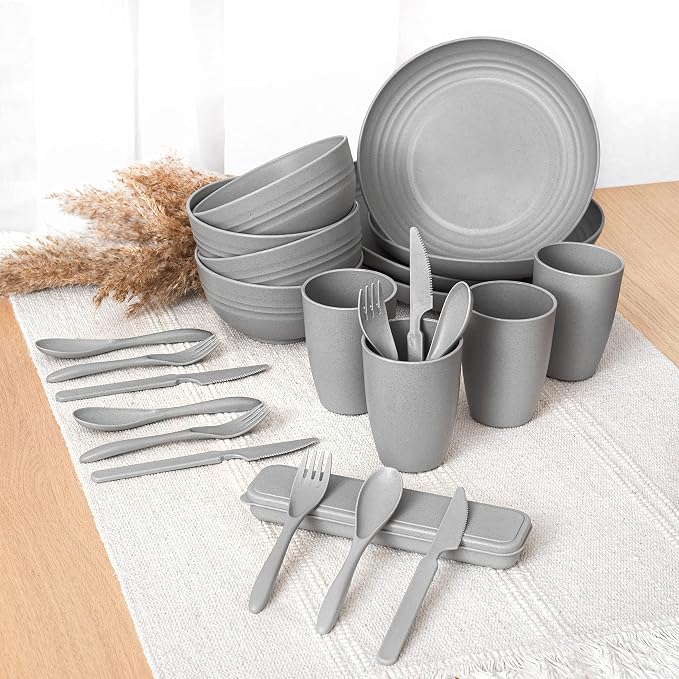 FOODLE Wheat Straw Dinnerware Set - RV, Camping, Picnic Plates Cups & Bowls | BPA-Free & Safety Tested - Microwave & Dishwasher Safe - Lightweight & Unbreakable Dishes - Great for Kids & Adults - For 4