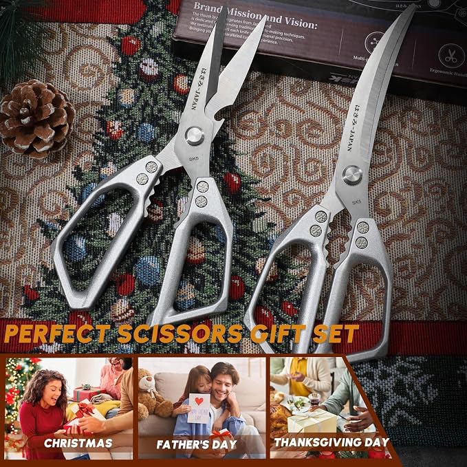 Huusk Kitchen Scissors for Food - Multifunction Kitchen Shears Heavy Duty | Japanese Stainless Steel Meat Scissors for Fish, Vegetables, Chicken Bones, Turkey, Comfortable Handles, Gifts for Women