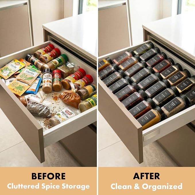 Glass Spice Jars with Label, Seasoning Set, 36x Black Steel Lids | Airtight Lids keep spices fresh, Kitchen Spice Drawer Organizer, 4oz Seasoning Containers incl. Funnel, Brush & 240 Labels