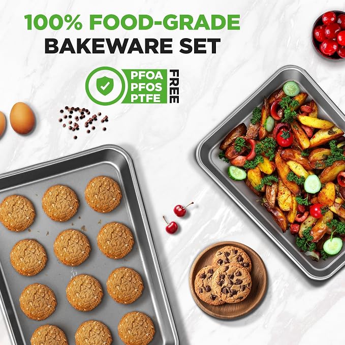 NutriChef 2-Piece Nonstick Cookie Sheet Baking Pan Set - Premium Bake Trays w/ Sleek Non-Stick Coating PFOA, PFOS, & PTFE Free - Large (15"x11") & Medium (13"x9") - Dishwasher Safe