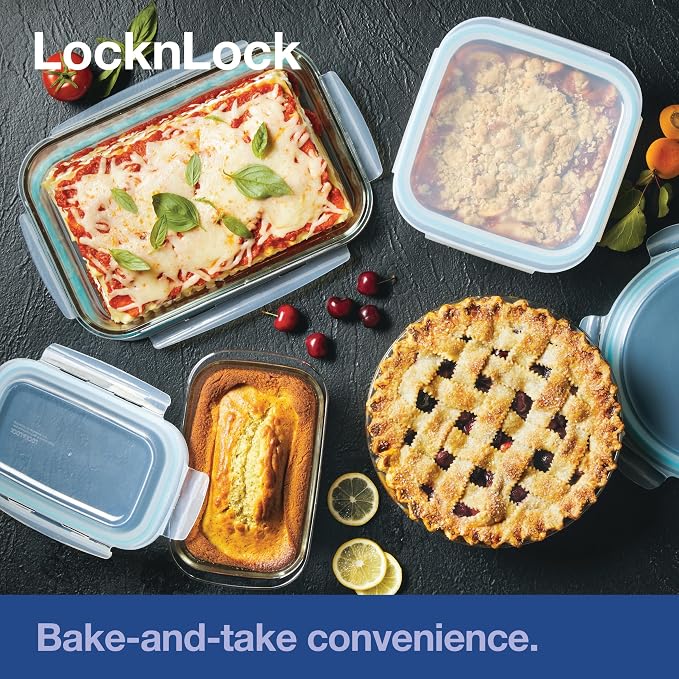 LOCK & LOCK LocknLock Purely Better Glass Round Pie Baking Dish/Food Storage Container with Lid, 9.5 Inch, Clear