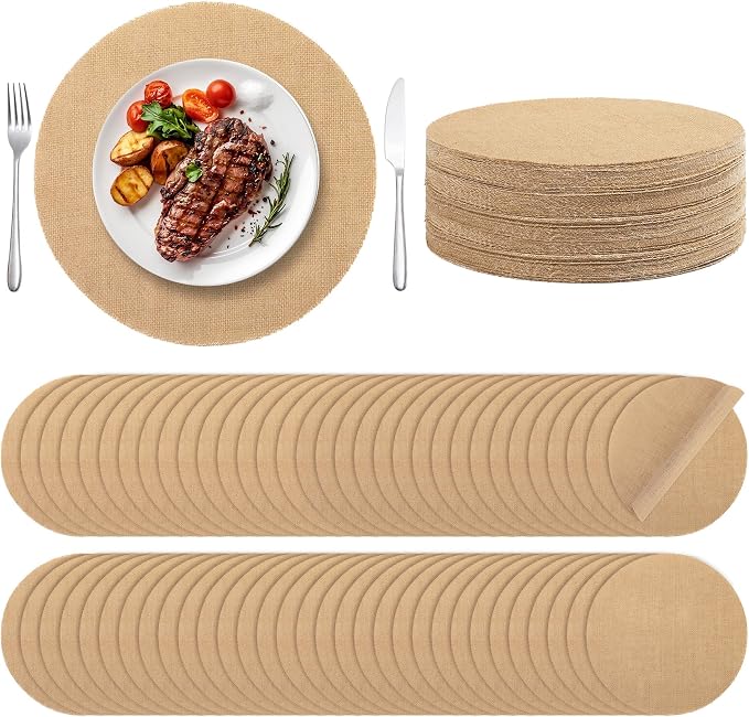 Aneco 150 Pieces Round Burlap Placemats 11.8 Inch Reusable Brown Table Mats Heat Resistant Natural Jute Fibers Placemats Burlap Circle Rustic Table Decorations for Dinner Holiday Farmhouse Decor