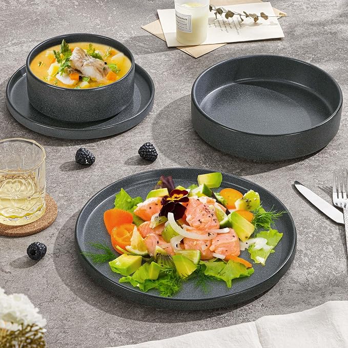 Herogo 16 Piece Plates and Bowls Set, Ceramic Dinnerware Sets with Pasta Bowls, Kitchen Dinner Ware Dishes Service for 4, Chip & Scratch Resistant Dishware, Dark Gray