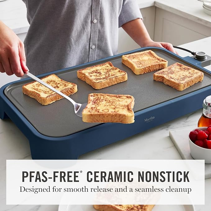Martha Stewart 12"x 22" XL Electric Griddle, Ceramic Nonstick Flat Top | PFAS-Free Nonstick Grill, XL Cooking Surface for Pancakes & Eggs, Adjustable Temp Dial, Drip Tray, 1500W Heating, Indigo Blue