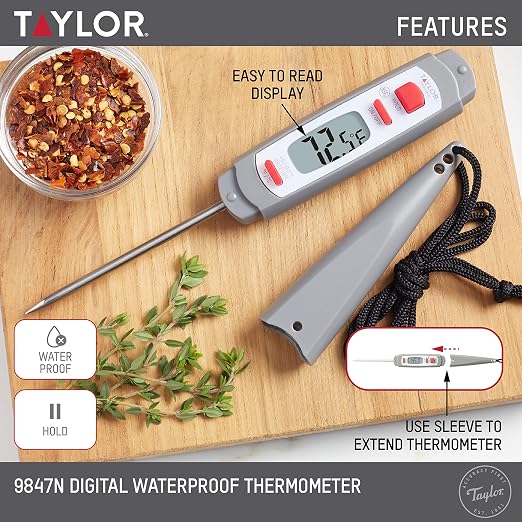Taylor 9847 Waterproof Digital Instant Read Meat Food Grill BBQ Kitchen Cooking Thermometer, Comes with Sleeve Extender and Lanyard