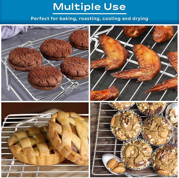 Leonyo 2-Tier 15x10IN Cookie Cooling Rack for Cooking Stackable Collapsible | Stainless Steel Cookie Cooling Racks For Cooking Baking, Wire Cookies Rack for Drying Pizza with Raised Legs, Dishwasher Safe