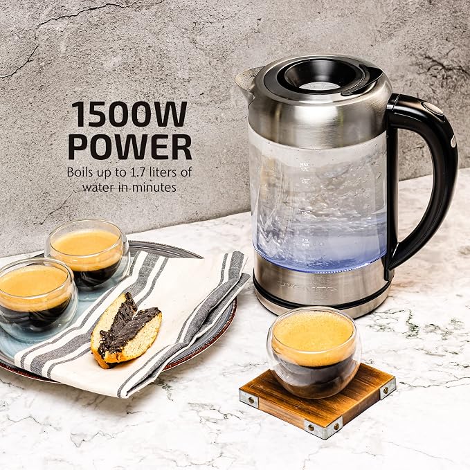 OVENTE 1.7L Glass Electric Kettle Water Boiler, Silver KG6120S | 1500W Fast Boiling, Easy Fill Lid, Borosilicate Glass, Blue LED Light, BPA-Free, Auto Shut-Off, Boil-Dry Protection