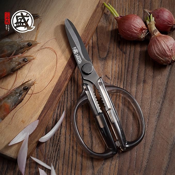 MITSUMOTO SAKARI Detachable Poultry Shears, Clear Acrylic Handle | Titanium-plated 1.4116 stainless steel blades, detachable design, clear acrylic handle for meat, fish, nuts and vegetables