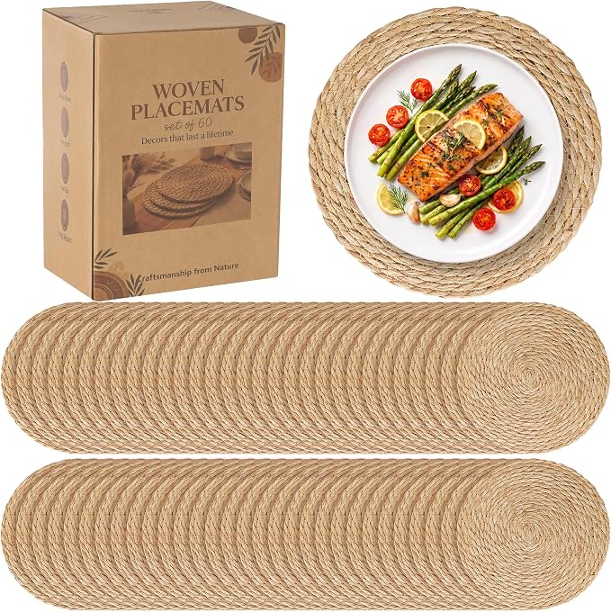 60 Pack 13.8IN Round Woven Placemats, Natural Bulrush Boho Farmhouse Mats | Heavy-duty hand-woven wicker mats for dining table, kitchen, patio BBQ, garden party. Flat-packed storage box. Rustic decor.