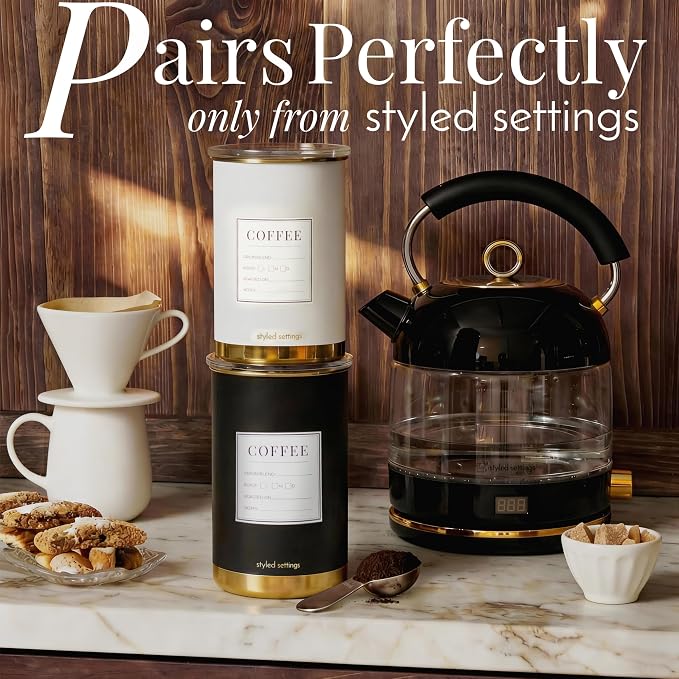 STYLED SETTINGS Vacuum Coffee Canister with Airtight Lid, Black and Gold | Stainless Steel, BPA Free, Food Grade, Vacuum Effect, Air Tight, Stackable