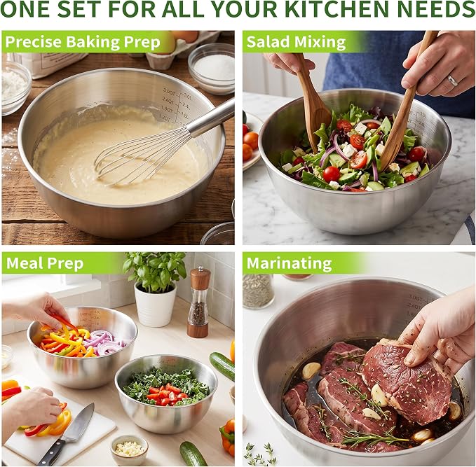 304 Stainless Steel Mixing Bowls Set of 5, 1.1/1.6/1.9/2.5/3.5 QT Food Grade Metal Bowls with Measurement Marks, Dishwasher Safe & Stackable Nesting for Baking, Salads, Meal Prep, RV & Camping