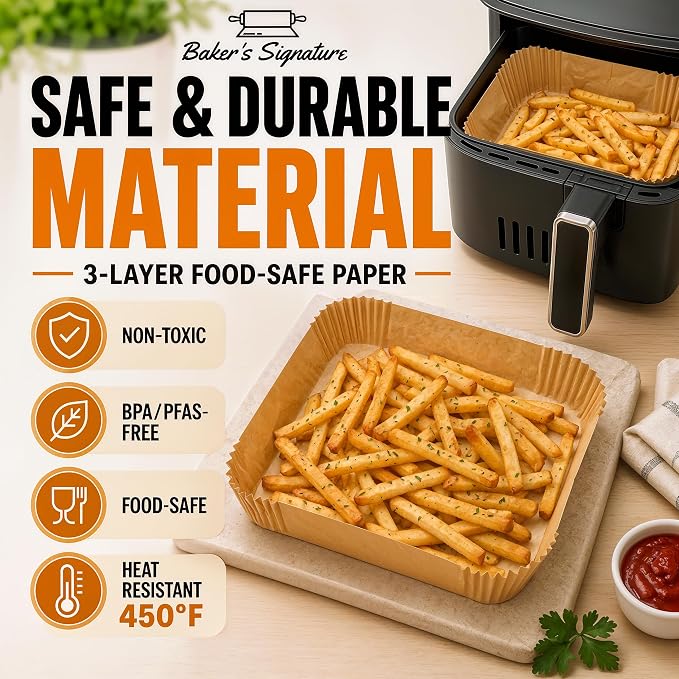 Air Fryer Paper Liners, 125Pcs Air Fryer Disposable Liners | Non-Stick and Oil Proof for Easy Cleanup, 8" Square for 5-8 qt Basket by Baker's Signature