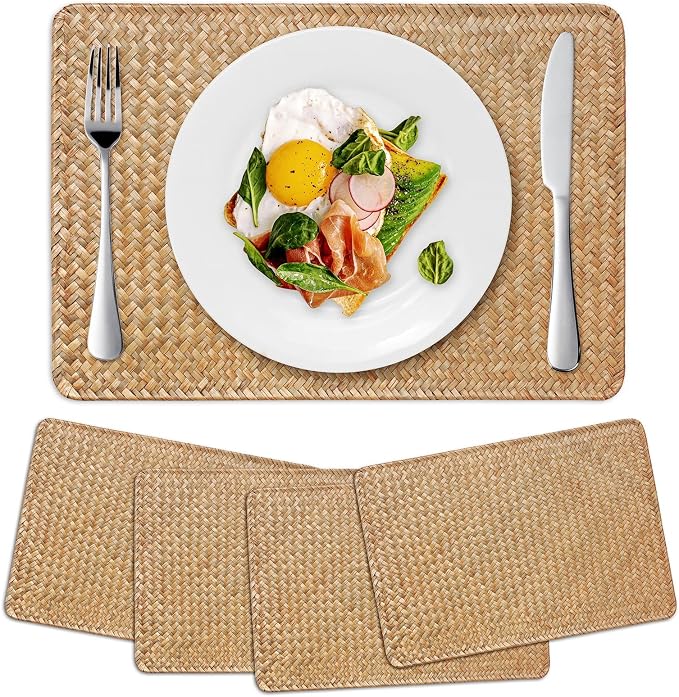 4 Pack Woven Placemats, Rectangular Rattan Place mats, Natural Seagrass Placemats, Farmhouse Wicker Table Mats for Dining Table