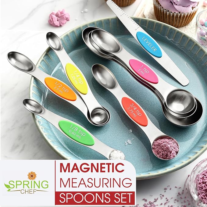 Spring Chef Stainless Steel Magnetic Measuring Spoons Set of 8, Neon | Dual Sided Metal Teaspoon & Tablespoon Measuring Spoons w/ Leveler for Dry & Liquid Ingredients, Fits in Kitchen Spice Jars