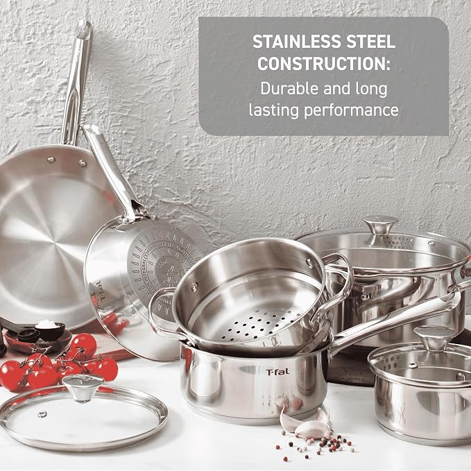 T-Fal Gourmet Stainless Steel Fry Pan 12.5 Inch Induction Compatible Skillet Pan, Fast and Even Heating, Oven Safe to 500F, Professional Grade Cookware for Home Chefs | Even heat base, Dishwasher safe, Riveted stainless steel handle, Sauté and sear cap...