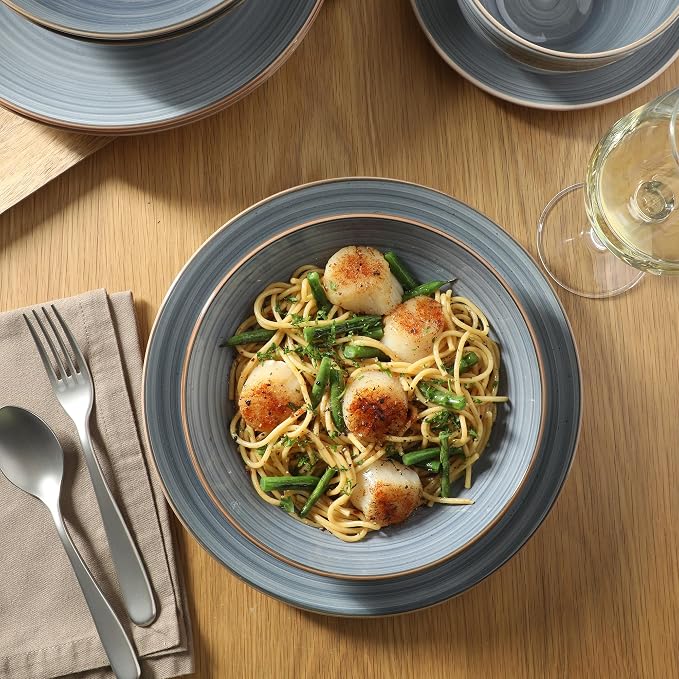 Gibson Home Stonebury 16 Piece Plates and Bowls Blue Dishes - Handpainted Stoneware Dinnerware Set - Service for 4