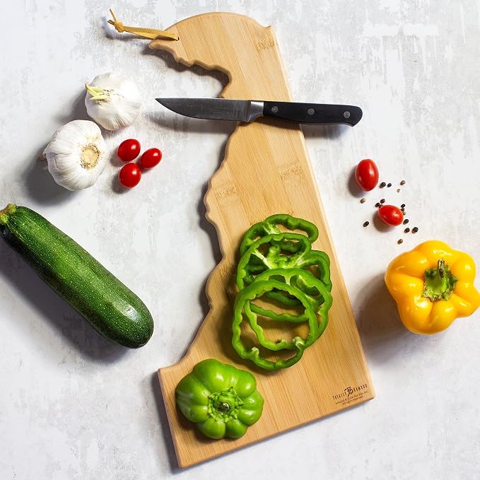 Totally Bamboo Delaware State Shaped Cutting Board, Art by Fish Kiss | State charcuterie board with colorful hand-drawn map artwork. Smooth reverse side for food prep. Hang tie for wall display.