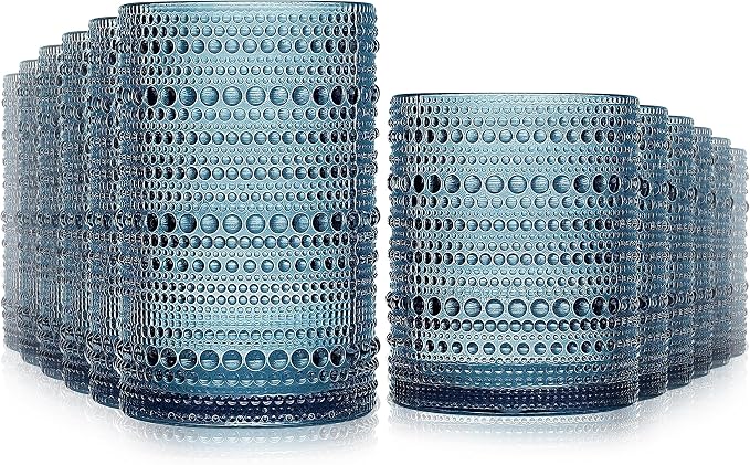 Vintage Hobnail Drinking Glasses Set of 12-14 oz Old Fashioned Glass Cups & 11 oz Cocktail Glasses, Aesthetic Kitchen Bar Tumbler Glassware Gifts Sets, Blue (12Pcs Blue XL)