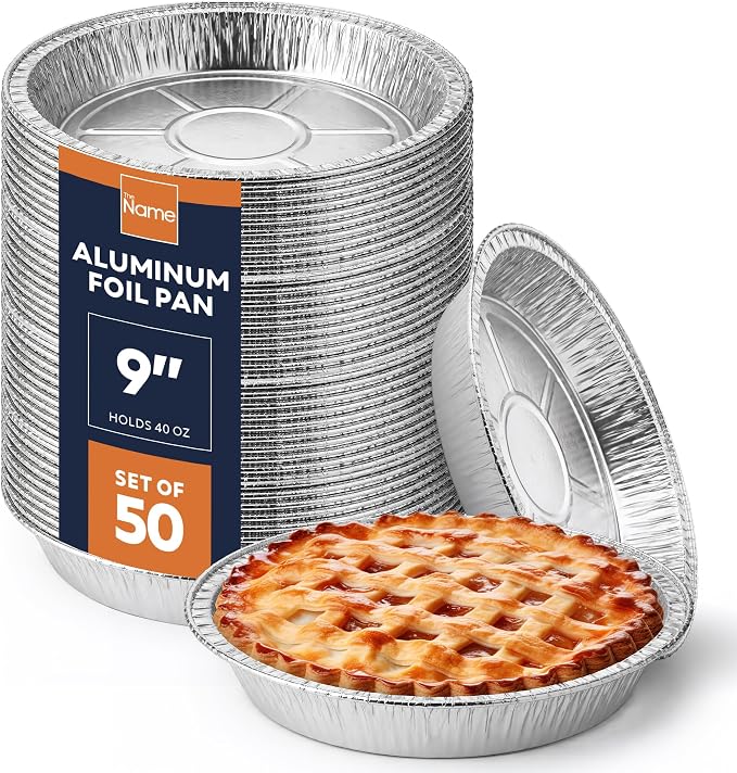 The Name 9" Round 50 Pack Aluminum Foil Pans Disposable Pie Tins, Mini Pans, Tart Baking Trays, Oven/Freezer Safe, Perfect for Apple Pie, Pumpkin Pie, Quiche, Pot Pie, Cobbler, Catering & Food Service