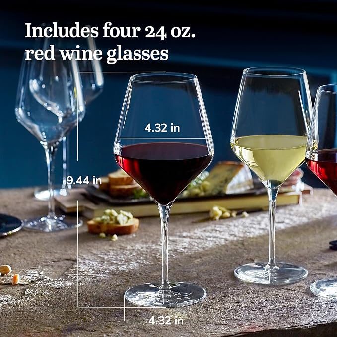Libbey Signature Greenwich Red Wine Glasses Set of 4, 24 Oz Wine Glass Gift Set with Pulled Stem, Stemware Glasses for Cocktails, and More