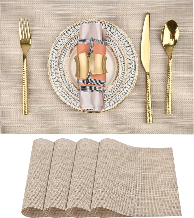 SLKQG Beige Placemats Set of 4 - Easy Clean Washable Vinyl Placemats - Wipeable Heat Resistant Table Mats for Dining Table - 17.7x11.8 Inch (4, Beige)