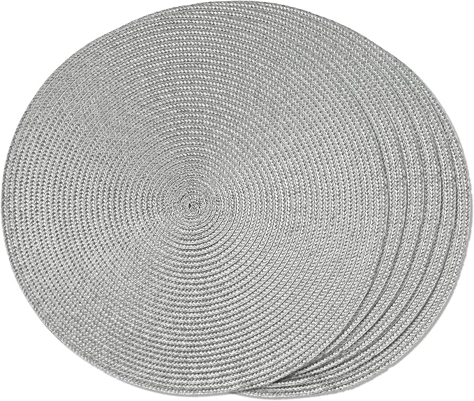 FunWheat Round Braided Placemats Set of 6 Table Mats for Dining Tables Woven Washable Non-Slip Place mats 15 inch(Grey, 6pcs)