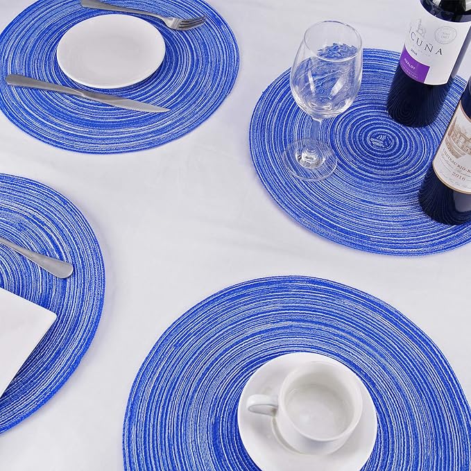 Zupro Round Placemats Set of 6,Braided Cotton Table Mats Heat Resistant Non-Slip Washable,for Kitchen Dining Tables Four Seasons Dinner Parties Thanksgiving Christmas and Everyday Use.Blue White