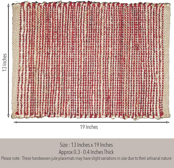 Natural Jute & Red Placemats, Set of 4 – Rustic Handmade Boho Table Mats, 13x19 Inch Dining Table Placemats for Kitchen, Everyday Meals, Holidays, Farmhouse or Modern Table Décor