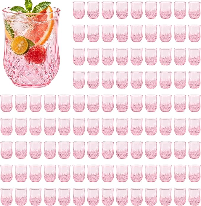 100 Pack Plastic Stemless Wine Glasses, 12oz Unbreakable Wine Cups | Reusable Fancy Vintage Drinking Glass Bulk for Cocktail, Whiskey, Juice, Elegant Decor for Wedding, Party & Holiday Events