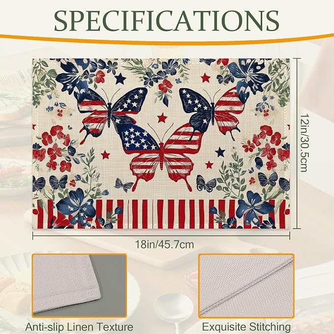 Independence Day Cloth Placemats,American Butterfly Flowers Heat-Resistant Table Placemats Set of 6, Washable Linen Place Mats for Dining Room Table Decor Home Restaurant Cafes Party 11.8x17.7 Inch
