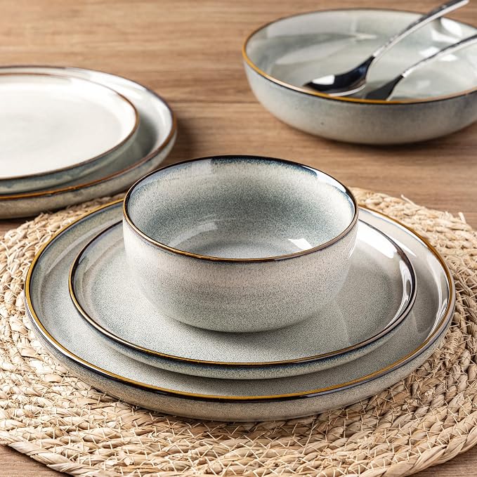 GBHOME Dinnerware Sets for 4, 12 Pieces Ceramic Plates and Bowls Set | Scratch Resistant Stoneware Dishes Set, Dishwasher & Microwave Safe, Reactive Glaze-Green Wheat