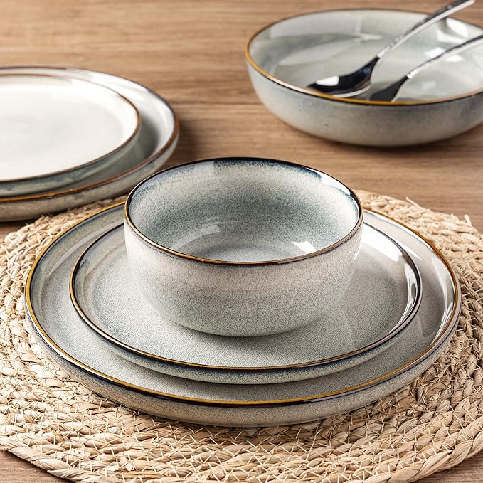 GBHOME Dinnerware Sets for 6, 24 Pieces Ceramic Plates and Bowls Set | Scratch Resistant Stoneware Dishes Set, Dishwasher & Microwave Safe, Reactive Glaze-Green Wheat