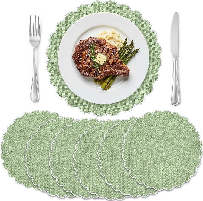 Set of 6 Sage Green Cotton Placemats 15" Round Scalloped White | Double Layered Cotton Fabric, Washable Embroidery, White Edge Edge, Rustic Table Mats for Wedding Dining Table Decor