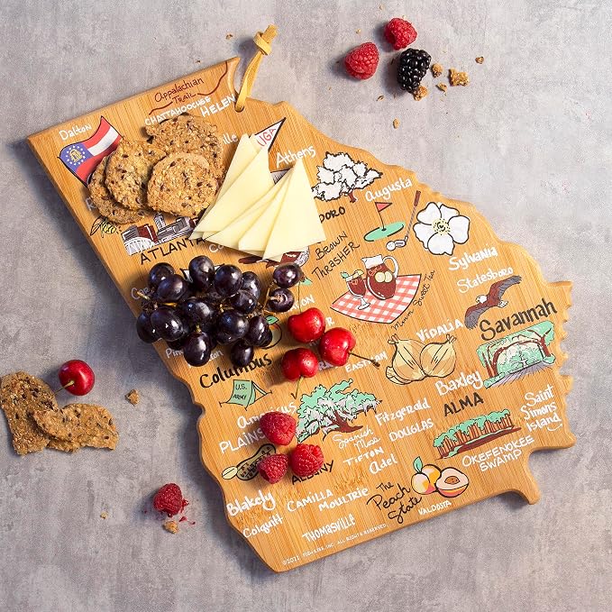 Totally Bamboo Georgia State Shaped Cutting Board, Art by Fish Kiss | State charcuterie board with colorful hand-drawn map artwork. Smooth reverse side for food prep. Hang tie for wall display.