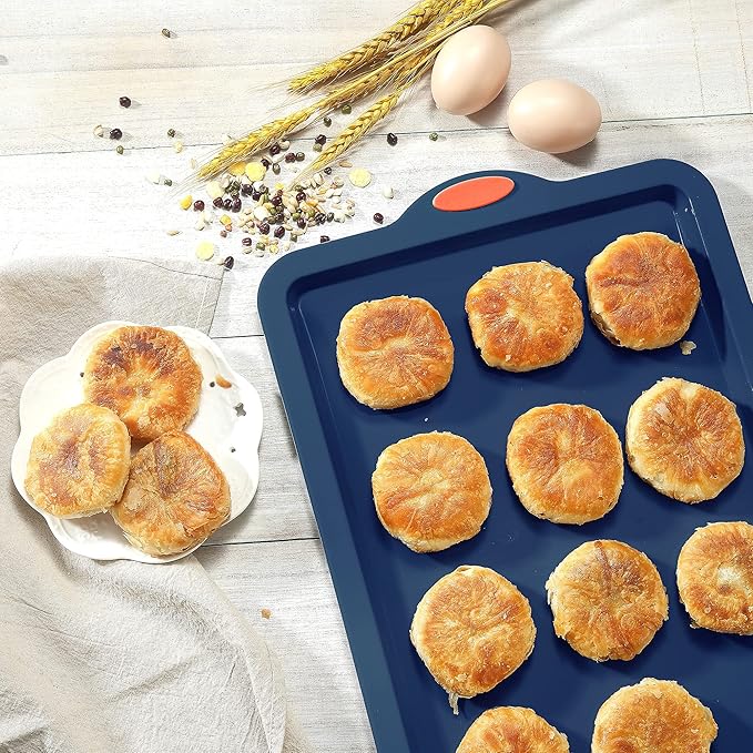 Silicone Baking Pans Set, 4 Pieces Nonstick Bakeware Set with Baking Pans, Baking Sheets, Cookie Sheets, Cake Pan with Grips and Metal Reinforced Frame More Strength, Navy Blue