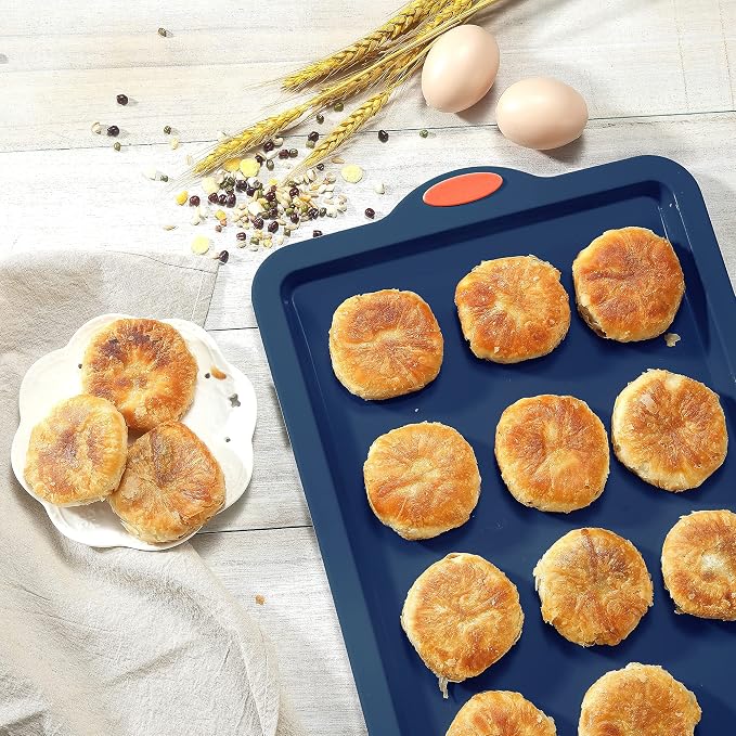 8 in 1 Silicone Baking Set - 6 Cake Molds - 2 Silicone Baking Mat, Nonstick Cookie Sheet, Cake Muffin Bread Pan with Grips and Metal Reinforced Frame More Strength, Navy Blue