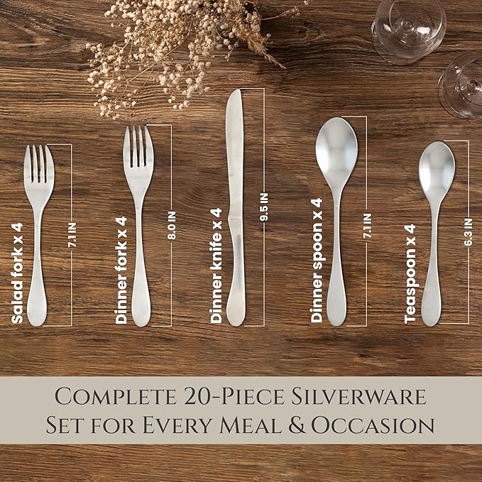 Knork Silverware Set - 20 Piece Matte Silver Cutlery - Ergonomic Design Utensil sets, 18/10 Stainless Steel Forks Spoons and Knives set (Pack of 3)