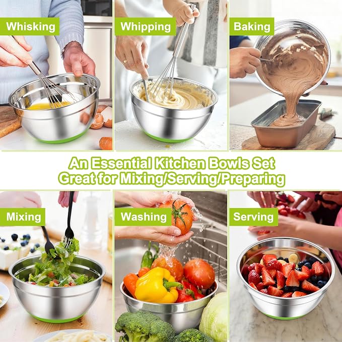TeamFar Mixing Bowls, Stainless Steel Salad Bowls with Lids - Colorful | Nesting Bowls with Non-slip Bottom, for Kitchen Baking Preparing Serving, Stackable & 6PCS - 4.6 /2.6 /2 / 1.5 /1 / 0.7 Qt