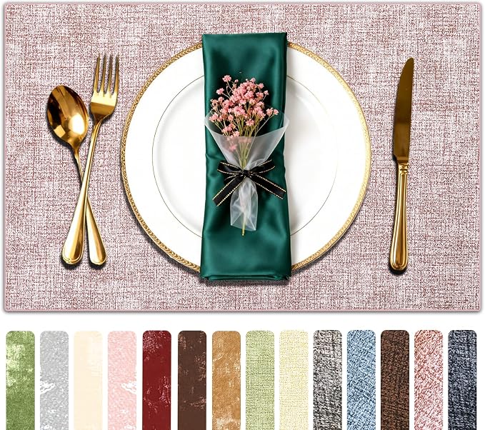 Faux Leather Placemats Set of 6, 11.8"x17.7", Soft Pink | Reversible Table Mats, Waterproof, Stain & Heat Resistant, Easy Clean for Dining, Gatherings, Outdoor